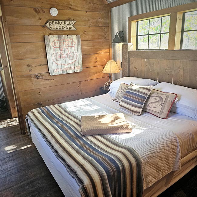 Rustic cabin bedroom with a king bed, striped bedding, wood paneled walls, and a bright window at Creekside Cabin in Walnut Shade, Missouri